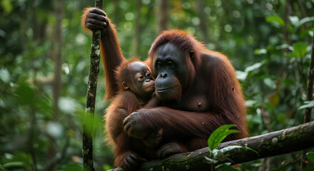 Naklejka premium Tender Moment Between Orangutan Mother And Baby In Lush Rainforest