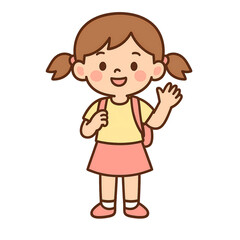 Little girl standing pose with pigtails wearing casual pastel T-shirt and skirt with the backpack on her shoulders  waving happily with one hand