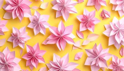 Obraz premium Pink origami flowers on yellow background