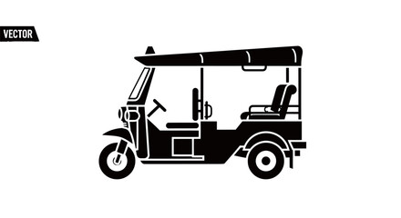 Black and White Illustration of a Three-Wheeled Tuk-Tuk.