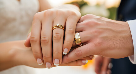 Newlyweds hold hands displaying their wedding rings during outdoor ceremony, symbolizing love and commitment on their special day.