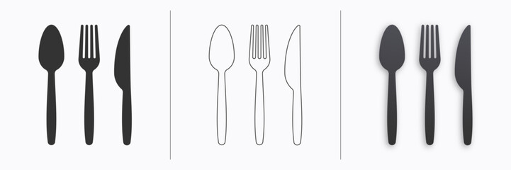 Cutlery icon set isolated on white background. Spoon, forks, knife symbols. Restaurant business concept or logo design template. Vector illustration