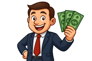 Cartoon Businessman Holding Money Isolated on Transparent Background Smiling Richly