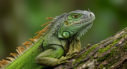 Obraz premium Green Iguana on Tree Branch.