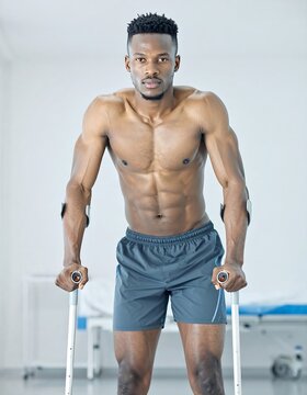Man with crutches, strong physique