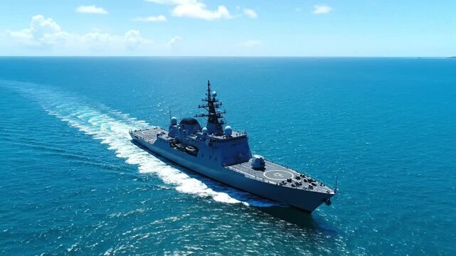 Drone cinematic footage of modern navy destroyer sailing steadily across tropical blue ocean waters