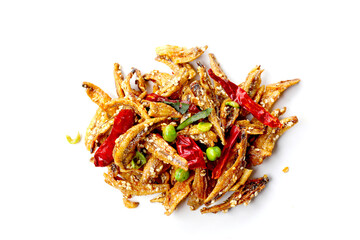 Crispy fried anchovies with sesame, dried chili, green peas, and herbs on white background.