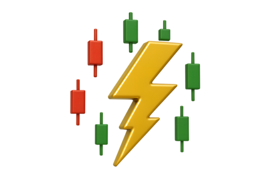 Golden Lightning Bolt with Candlestick Charts Isolated on Transparent Background