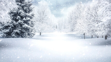 Fototapeta premium Peaceful Snowy Winter Landscape with Trees. Magical Snowfall Scene