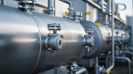 Obraz premium Close-up view of industrial pipes with a polished stainless steel surface, showing bolts and metal valve connections, symbolizing engineering energy infrastructure and heavy-duty industrial systems.