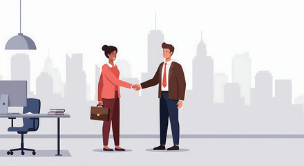 Business professionals shaking hands and making a deal in front of a city skyline backdrop