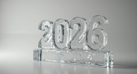 Icy 2026: Transparent Numbers on a Textured Ice Block, Future Celebration
