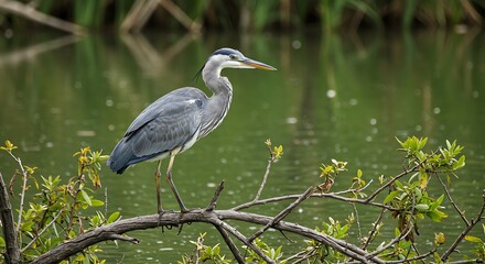 Grey Heron Perched on Branch.