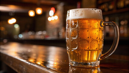 Cold beer in steamed mug with foam overflowing on wooden table in dark background
