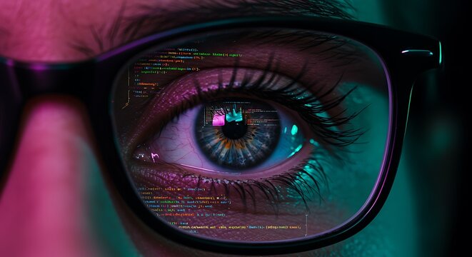 Close-up of a human eye reflecting digital data and code through glasses.
