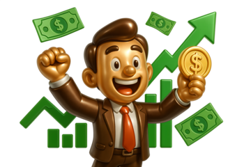 Cartoon Businessman Celebrating Success with Money and Chart Growth on Transparent Background