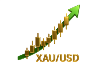 Golden XAU/USD Candlestick Chart with Green Upward Arrow on Transparent Background