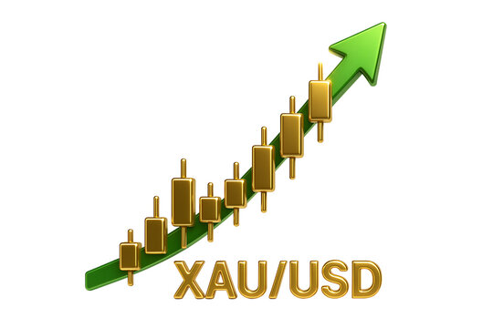 Golden XAU/USD Candlestick Chart with Green Upward Arrow on Transparent Background