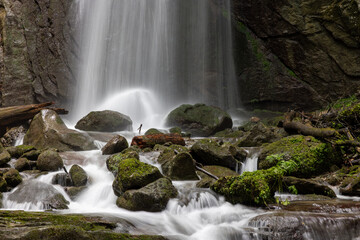 long exposure of a scenic waterfall in a mossy green valley in Switzerland