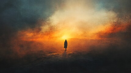 Solitary Figure Walking Towards a Glowing Sunset