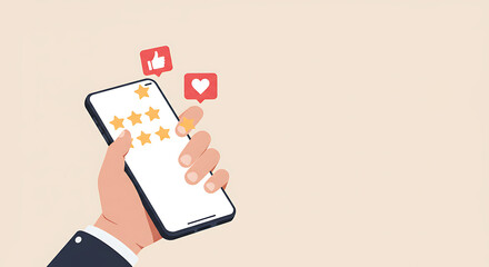 Customer Reviews Concept Hand Holding Smartphone with Stars, Likes & Hearts Icons