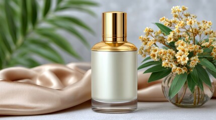 Naklejka premium Elegant perfume bottle mockup with golden cap displayed near silk cloth and flowers