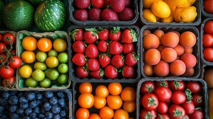 Colorful fresh assorted berries and fruits in black plastic containers with vibrant red strawberries green kiwi blueberries and orange apricots overhead view