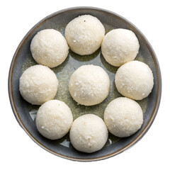 Plate of Indian white ladoo sweets, top view isolated, showcasing traditional delicacy, festive celebration, rich flavor, cultural heritage, and sweetness.