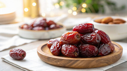 Dates in wooden plate on surface in dining room