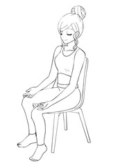 椅子に座って手のひらを上に向けて瞑想をする女性の白黒イラスト