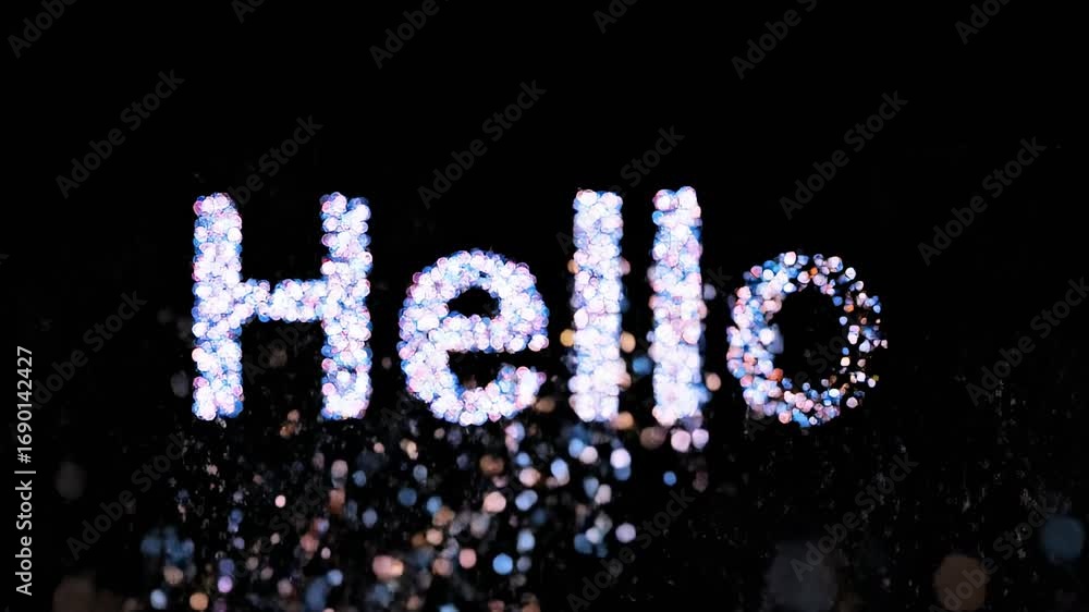 Poster sparkling animation of 'hello' greeting with playful bokeh on black background