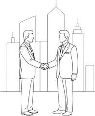 Businessmen Shaking Hands with City Skyline handshake