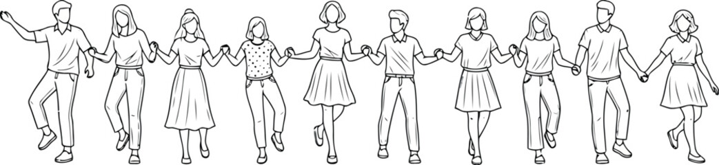 Vector vector art of line drawing of a diverse group of people holding hands in a chain, transparent background