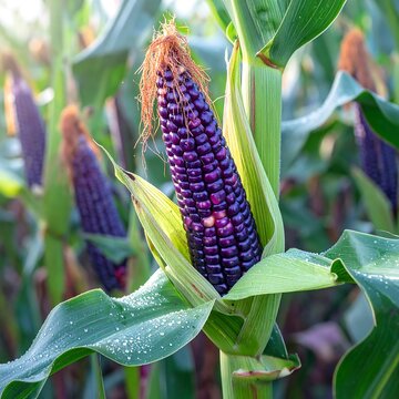 Vibrant purple corn growing in a lush green field