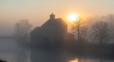 Fototapeta premium Misty Sunrise over a Rustic Barn.