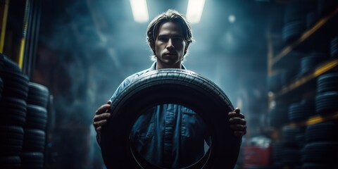 Mechanic in blue shirt holds a new car tire in a garage with stacks of tires, concept for automotive industry, vehicle maintenance and product advertisement