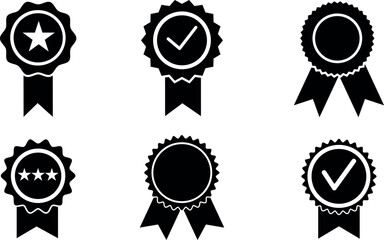 Collection of six different award ribbon icons with seals and stars