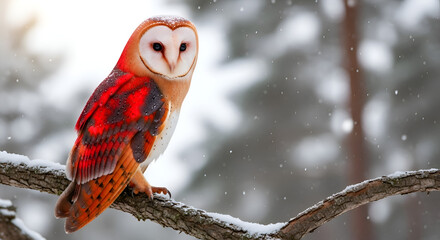 Red Barn Owl Perched on Snow
