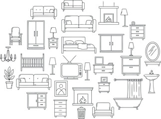 Vector vector art of collection of furniture and home decor items in a sketch style, transparent background