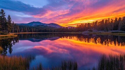 Sunset Reflected in a Still Lake with Silhouetted Trees and Mountains