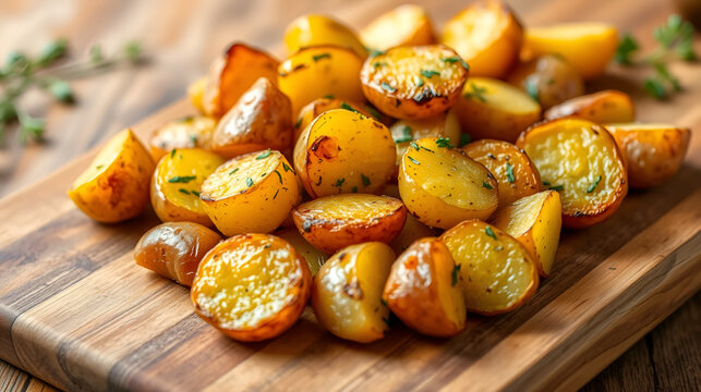 Golden, herb-roasted potatoes sit beautifully on a wooden serving board, tantalizing the viewer's appetite and evoking a sense of warmth and homely comfort in every bite.