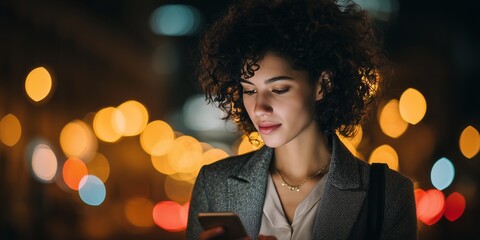 Elegant woman using her smartphone at night with blurry city lights background, concept for online communication, business travel and social networking