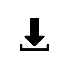 Simple black and white icon representing a downward arrow entering a tray.