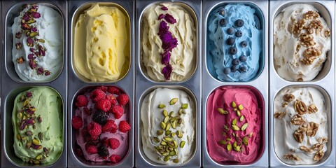 Close-up of various ice cream flavors in metal containers, showcasing vibrant colors and toppings details, concept for menu design, summer promotion and sweet dessert presentation