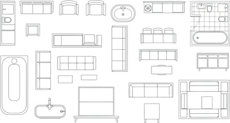 Vector vector art of top view sketches of various furniture pieces and bathroom fixtures, transparent background