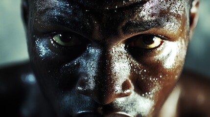 Close-up of a Sweaty Man's Face with Intense Gaze