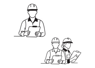 Workers with helmet in continuous minimalist line art. Construction industrial worker concept. Man and woman standing with paper. Vector modern illustration