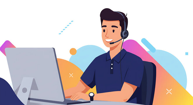Customer Service Representative Smiling, Working on a Computer, Providing Support & Assistance