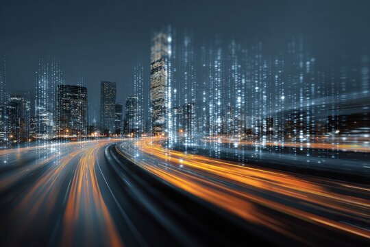 Cityscape at night with digital overlay