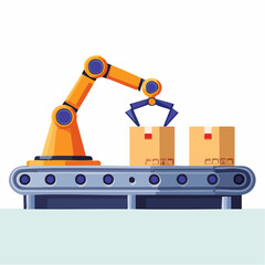 Automated Conveyor Belt With Robotic Arm Handling Cardboard Boxes